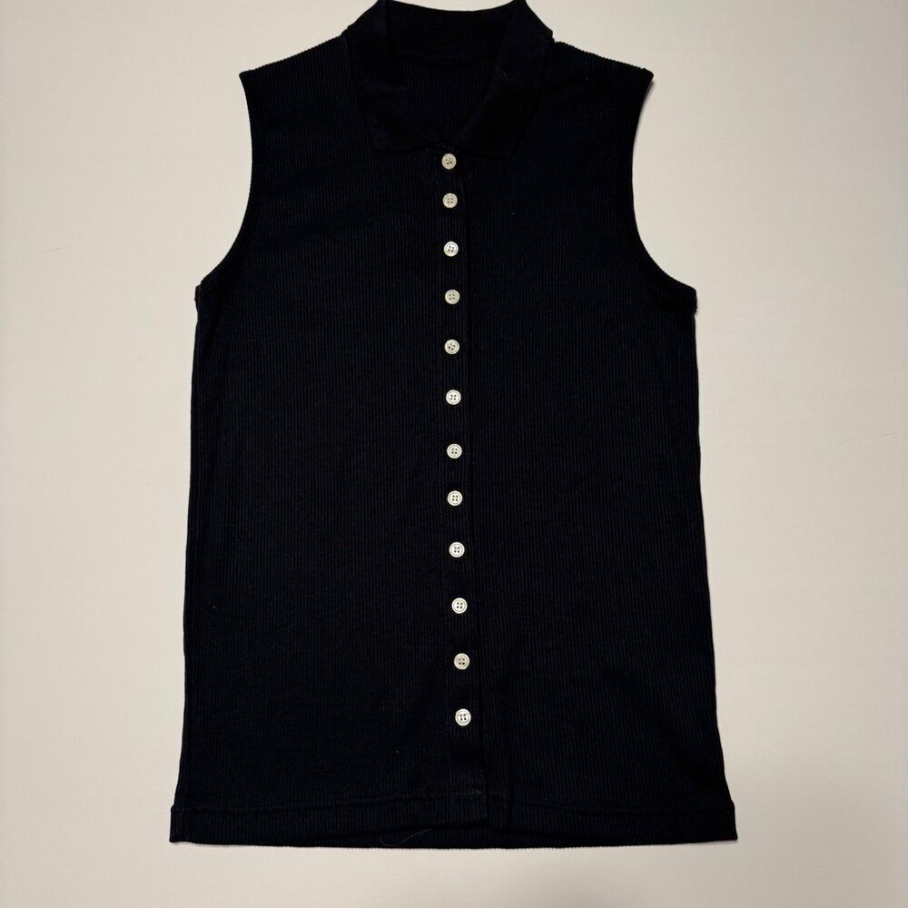 Women’s Black Ribbed Sleeveless Button Front Tank Top Collared Stretch